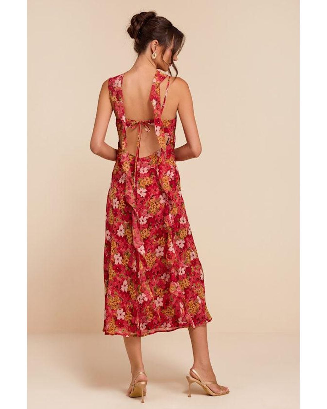 Lulus Red Rosetta Multi Floral Midi Dress And Scarf Set