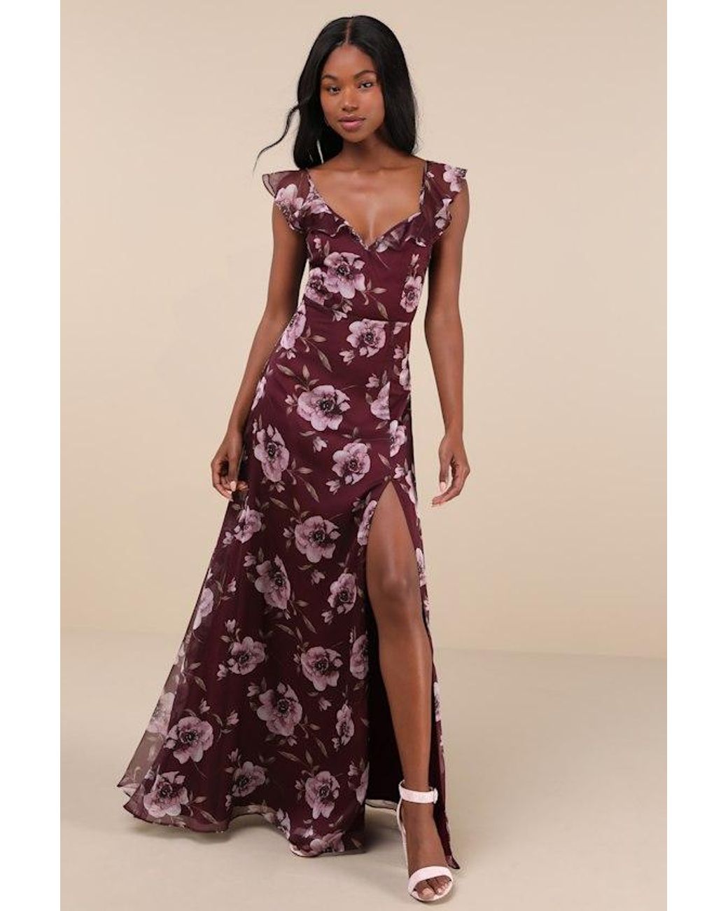 Lulus Sweetest Entrance Plum Floral Ruffled Tie Back Maxi Dress in Red Lyst UK