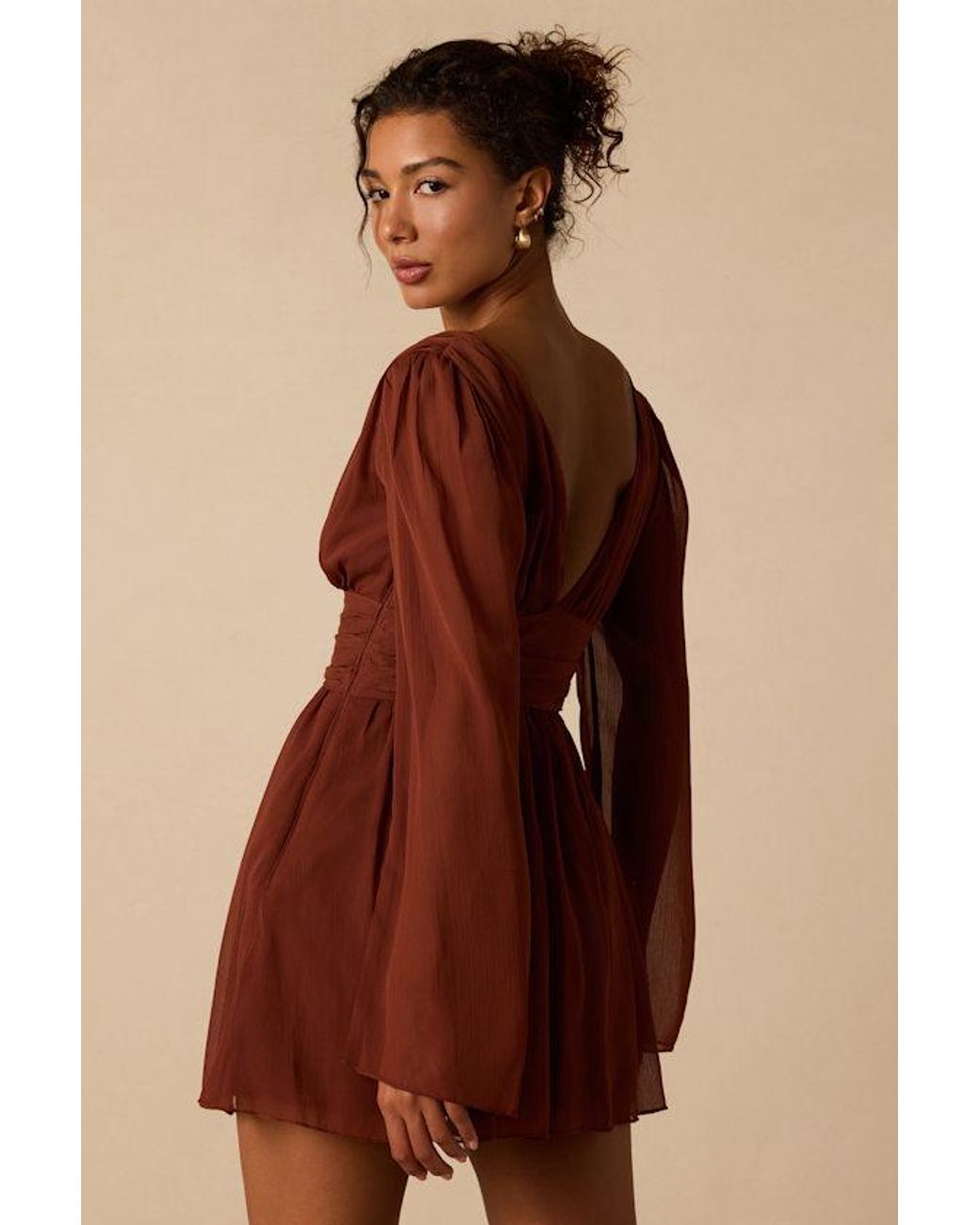 Lulus Brown Cinna Bell Sleeve Skater Mini Dress
