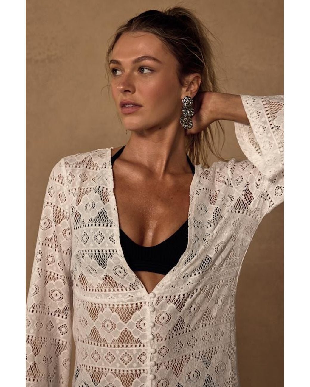 Lulus White City Of Angels Crochet Lace Button-Up Swim Cover-Up