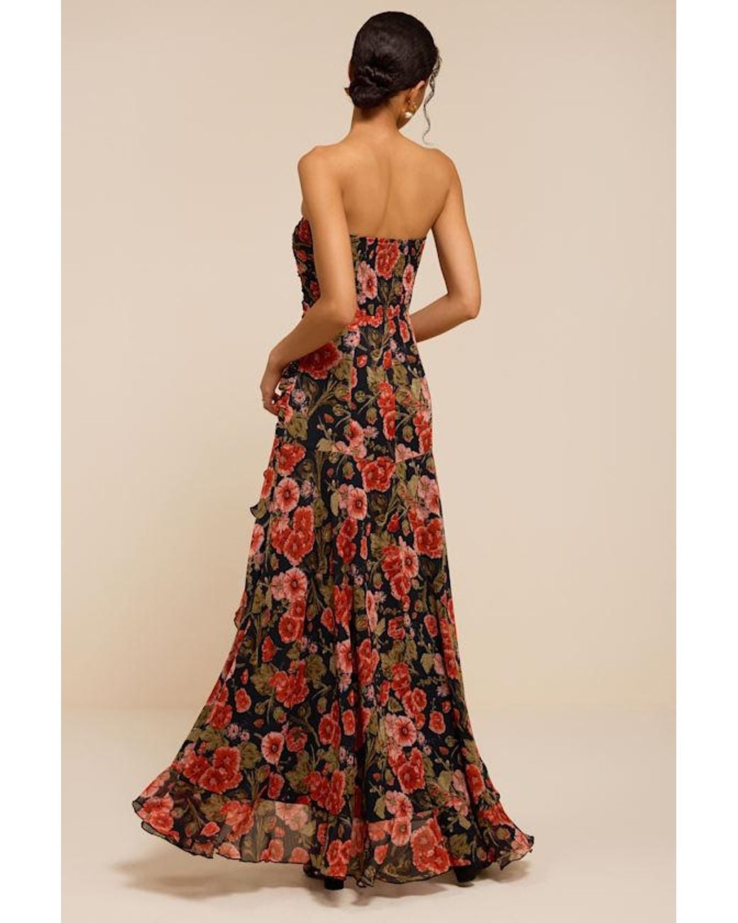 Lulus Brown Zuri Floral Strapless Maxi Dress