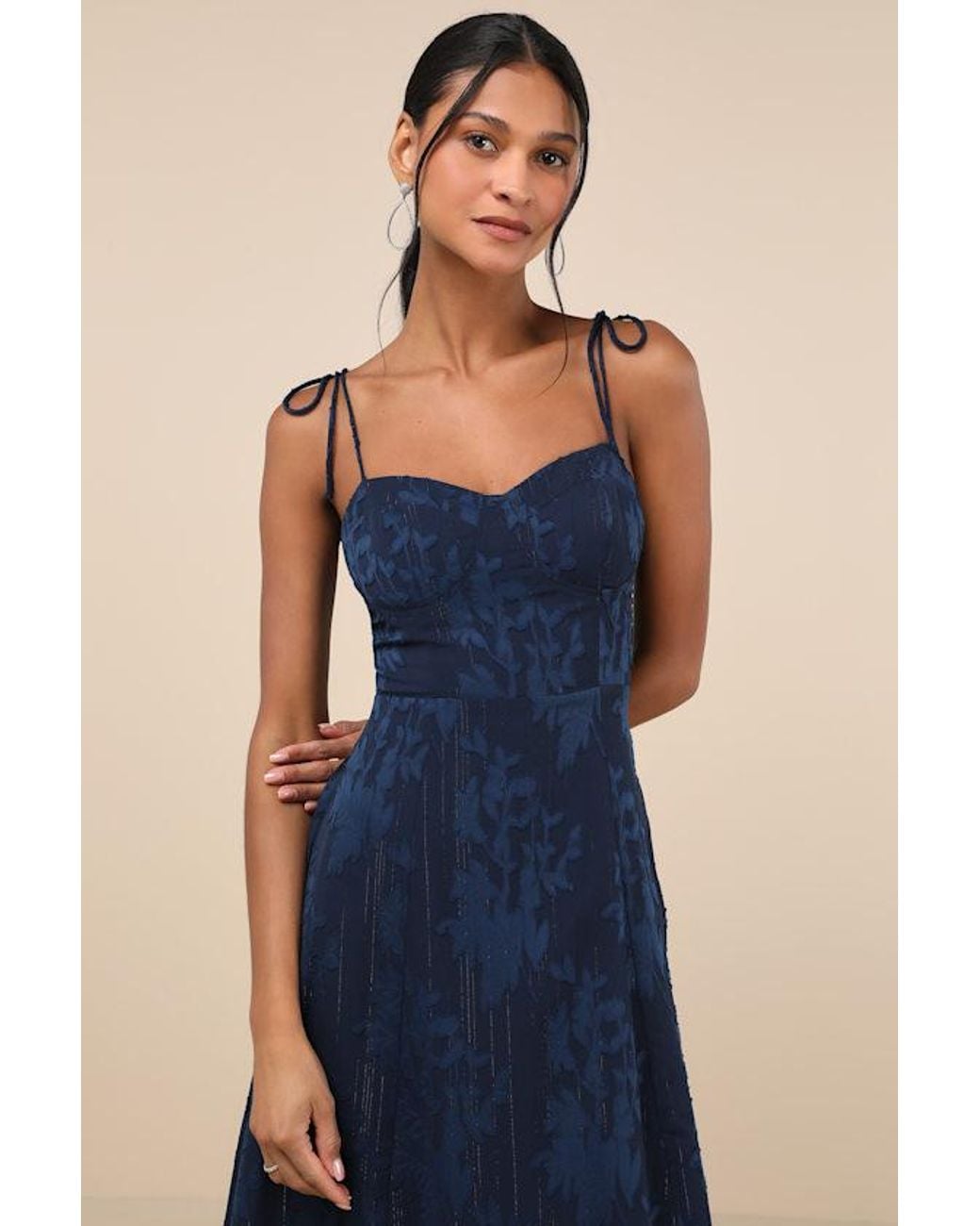 Lulus Blue Loveliest Looks Floral Jacquard Tie-Strap Midi Dress