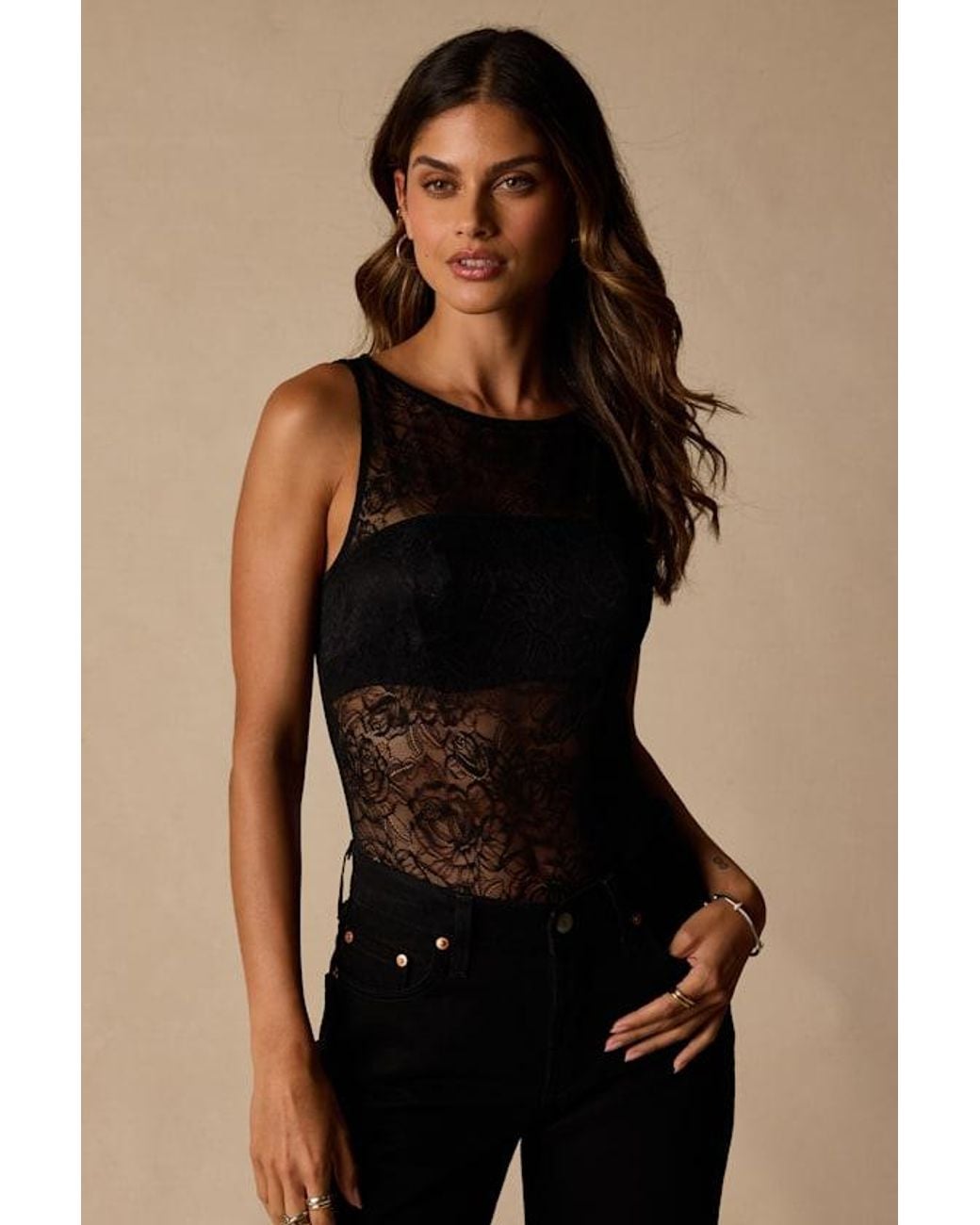 Lulus Black Tala Sheer Lace Sleeveless Bodysuit
