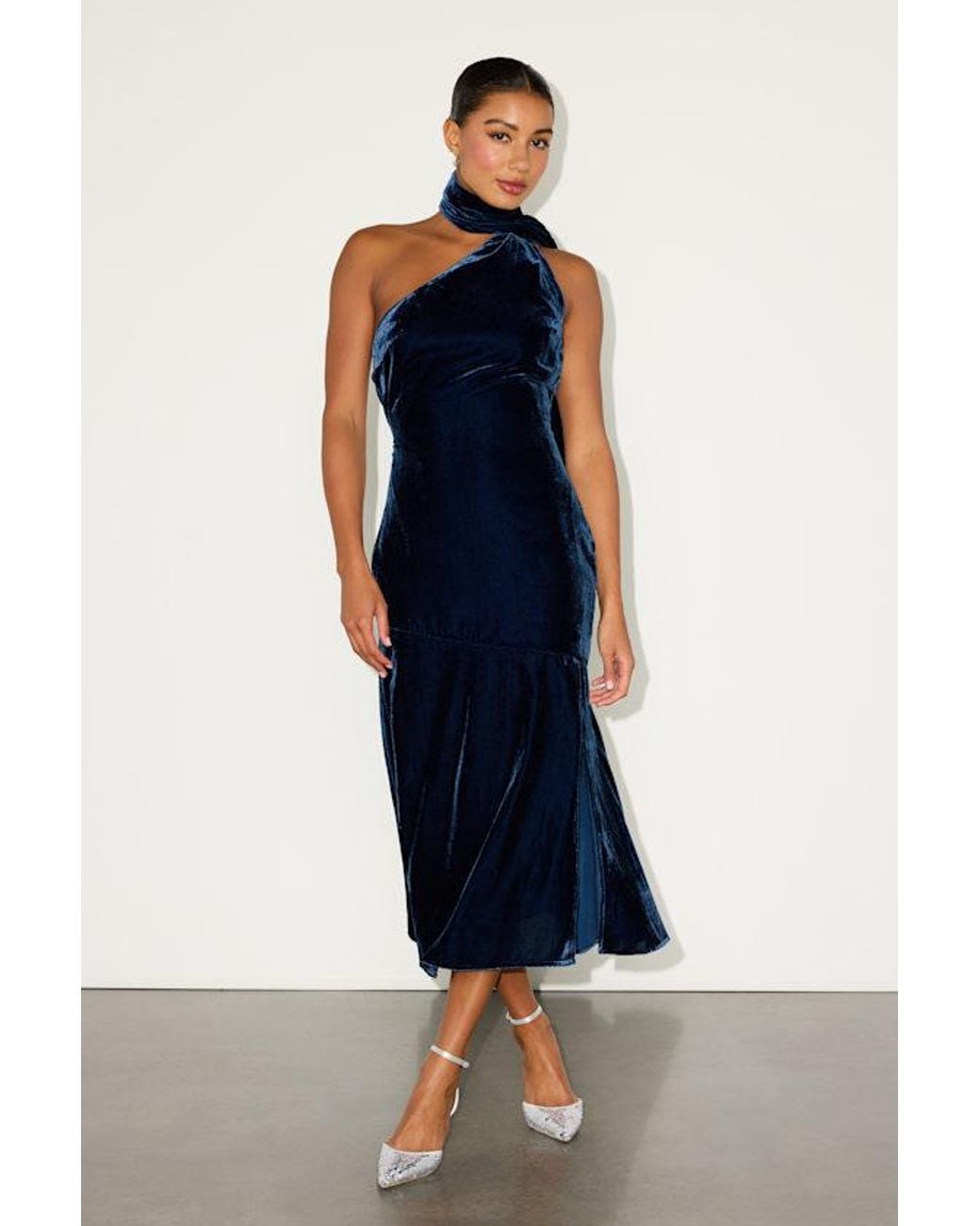 strapless open back dress Rent Asos Design Petite Velvet One Shoulder Draped Midi Pencil Dress In  Chocolate main image 0