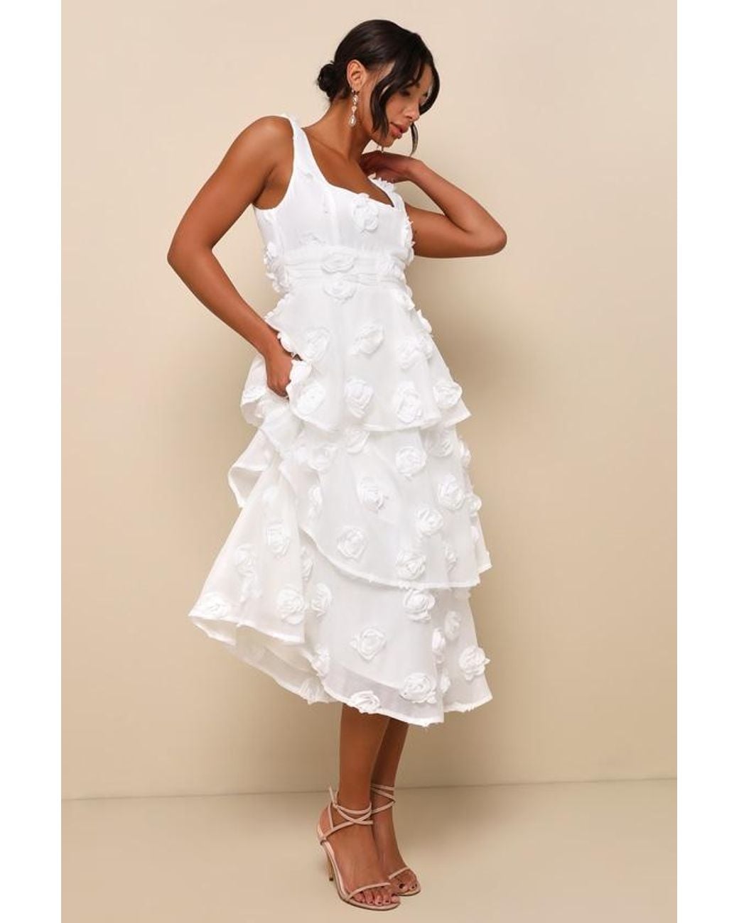 Lulus Natural Exceptional Entrance Sleeveless Tiered Rosette Midi Dress
