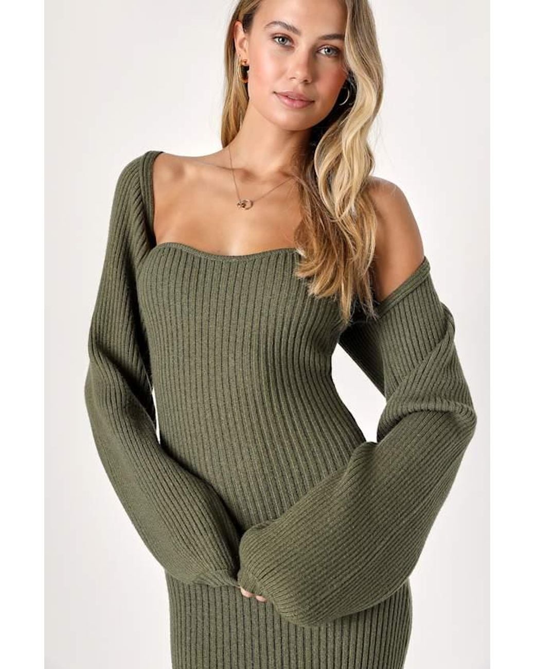 Lulus Green Autumn Aura Ribbed Two-Piece Sweater Dress