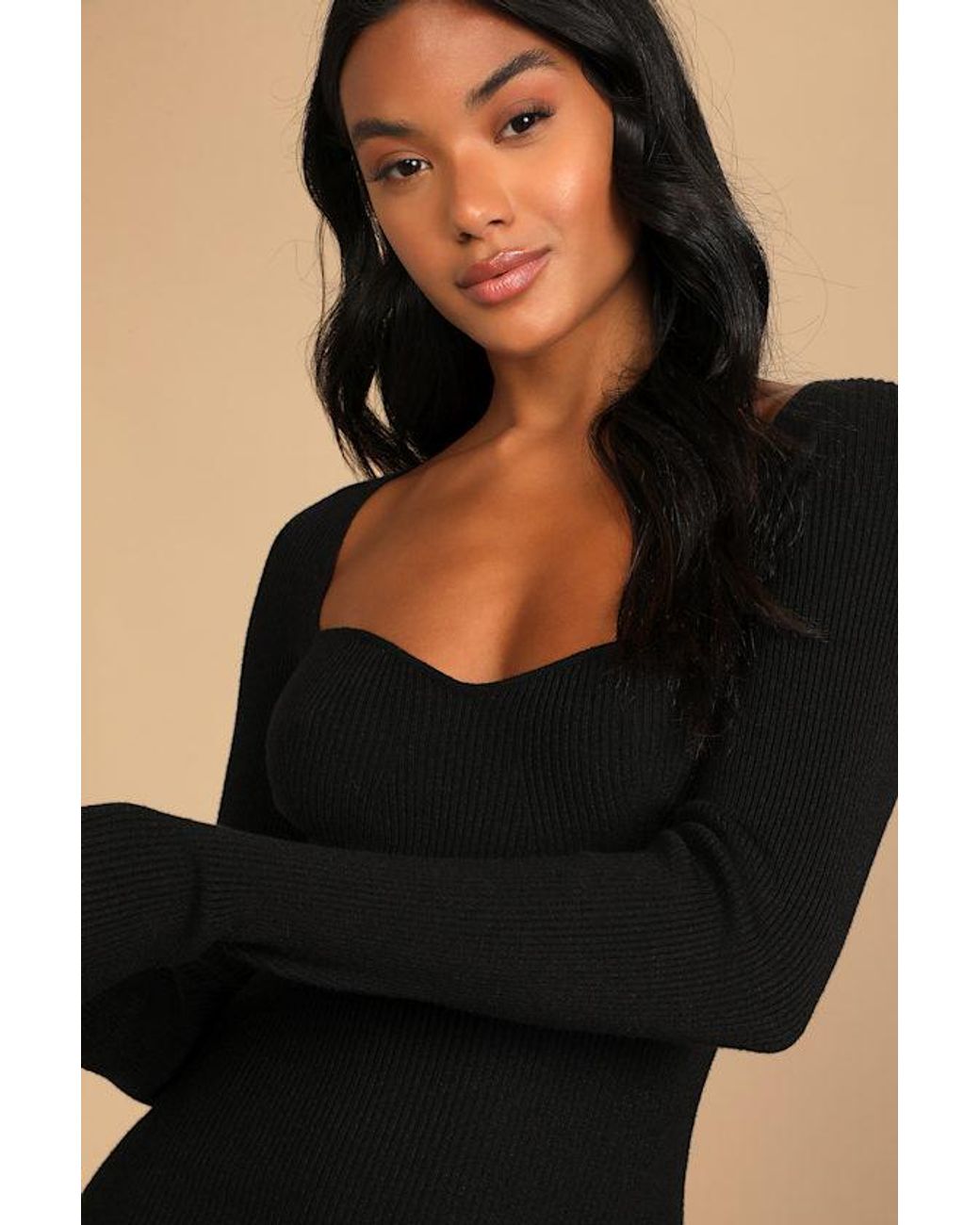 Lulus Black Fall Feelings Ribbed Bodycon Midi Dress