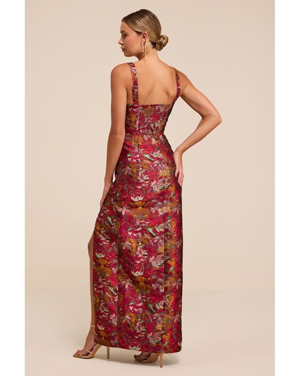 Lulus Red Demina Dark Floral Jacquard Bustier Maxi Dress
