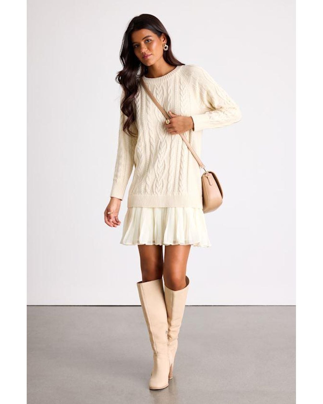 Lulus Natural Alvie Cream Cable Knit Drop Waist Sweater Dress