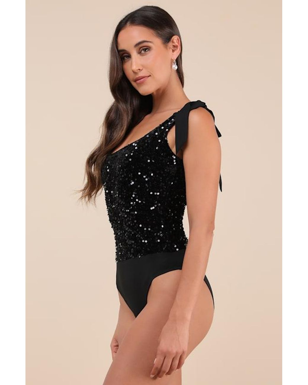 Lulus Black Adept Allure Velvet Sequin Tie-Strap Bodysuit