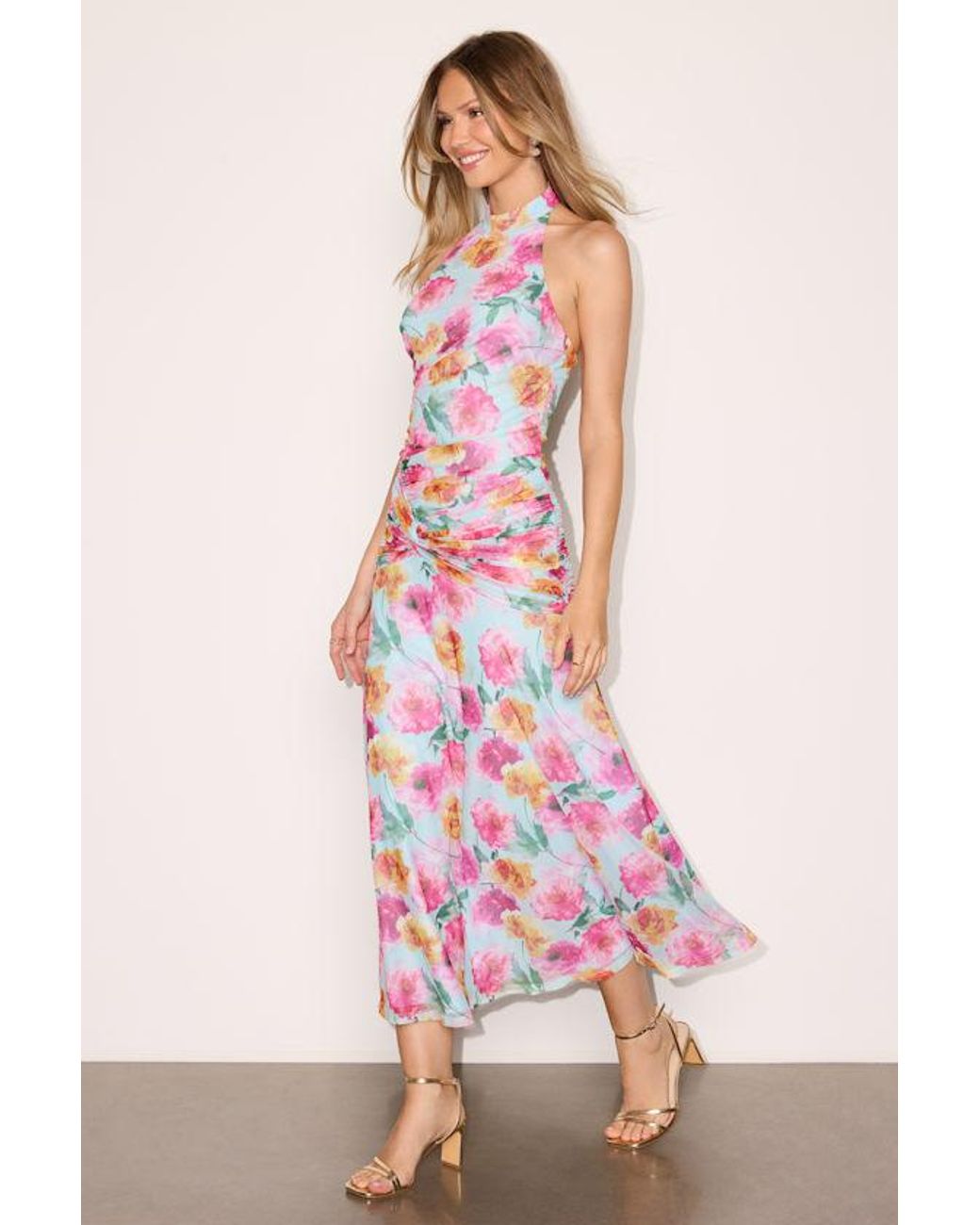 Lulus Pink Nancy Multi Mesh Halter Midi Dress