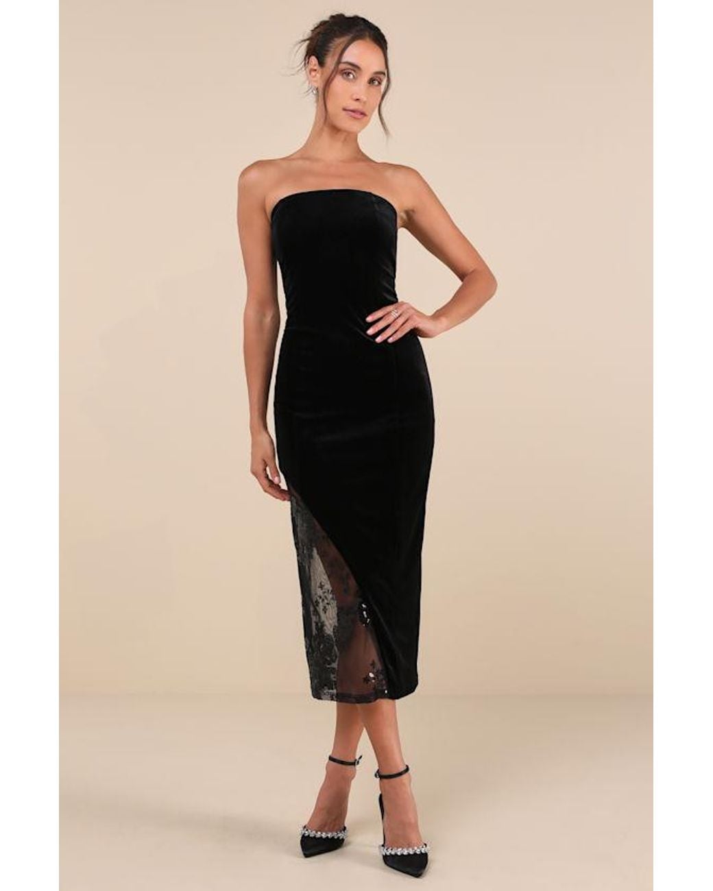 Lulus Feeling So Luxe Velvet Mesh Sequin Strapless Midi Dress in Black |  Lyst UK