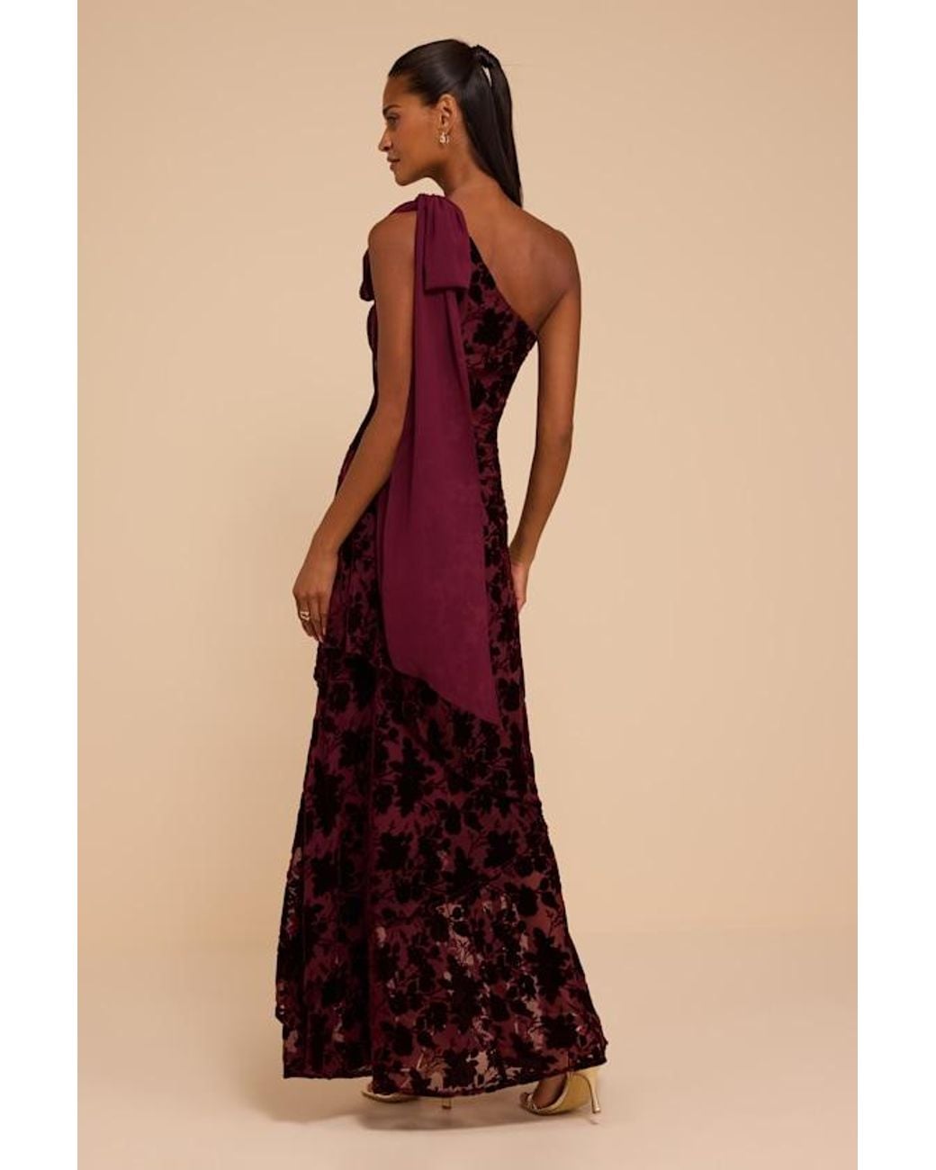 Lulus Red Camellia Burnout Velvet One-Shoulder Bow Maxi Dress