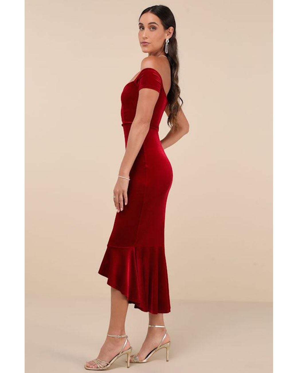 Lulus Red How Much I Care Velvet Off-The-Shoulder Midi Dress