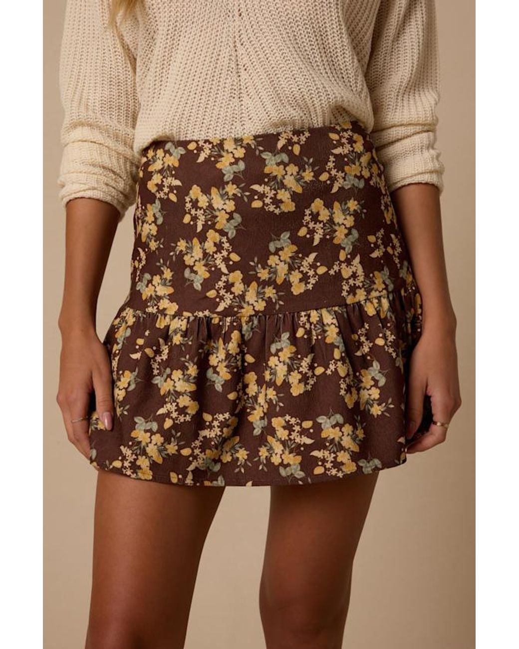 Lulus Brown Dawn Floral Corduroy Mini Skirt