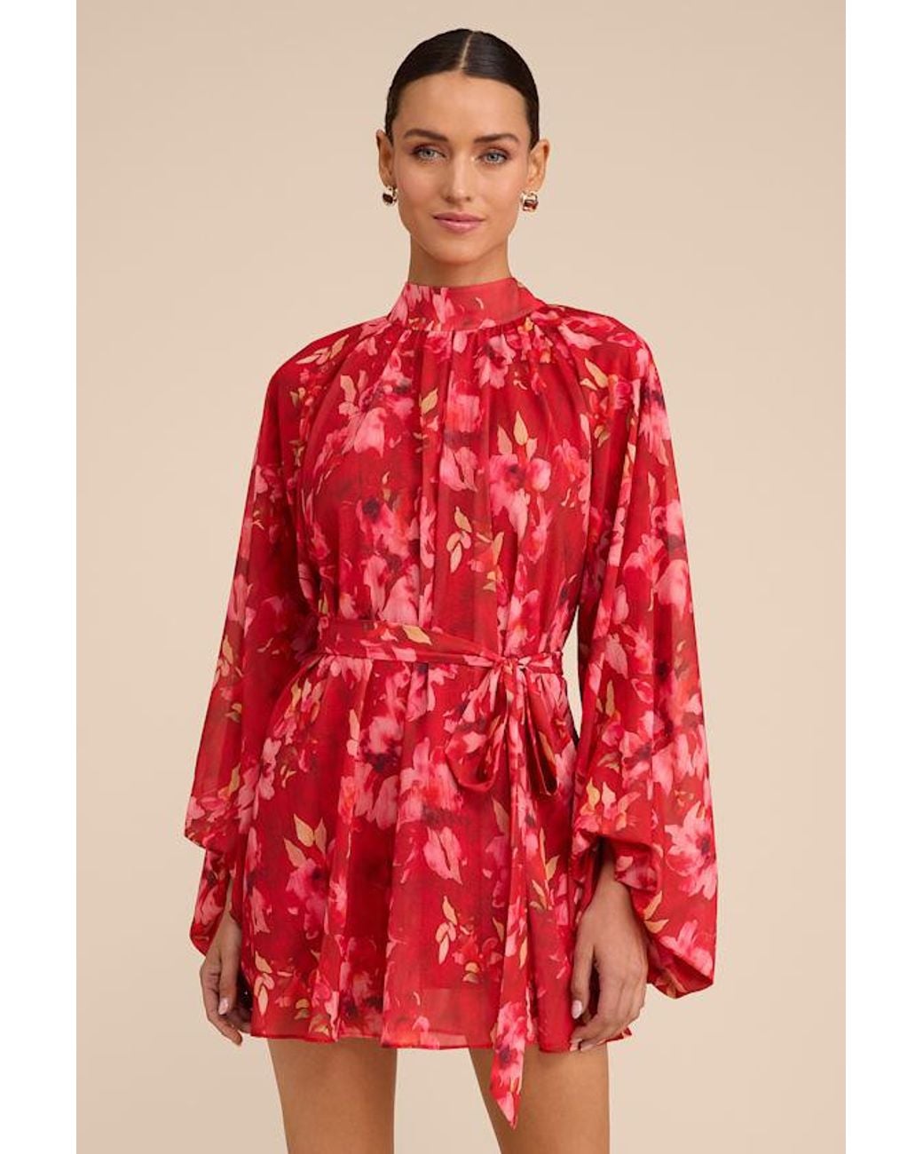 Lulus Red Lata Floral Mock Neck Belted Mini Dress