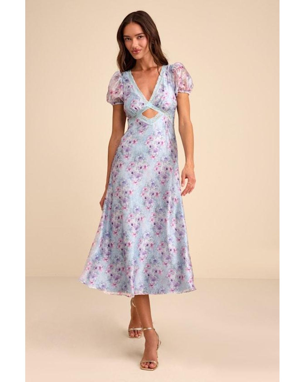 Lulus Blue Darcy Floral Puff Sleeve Midi Dress