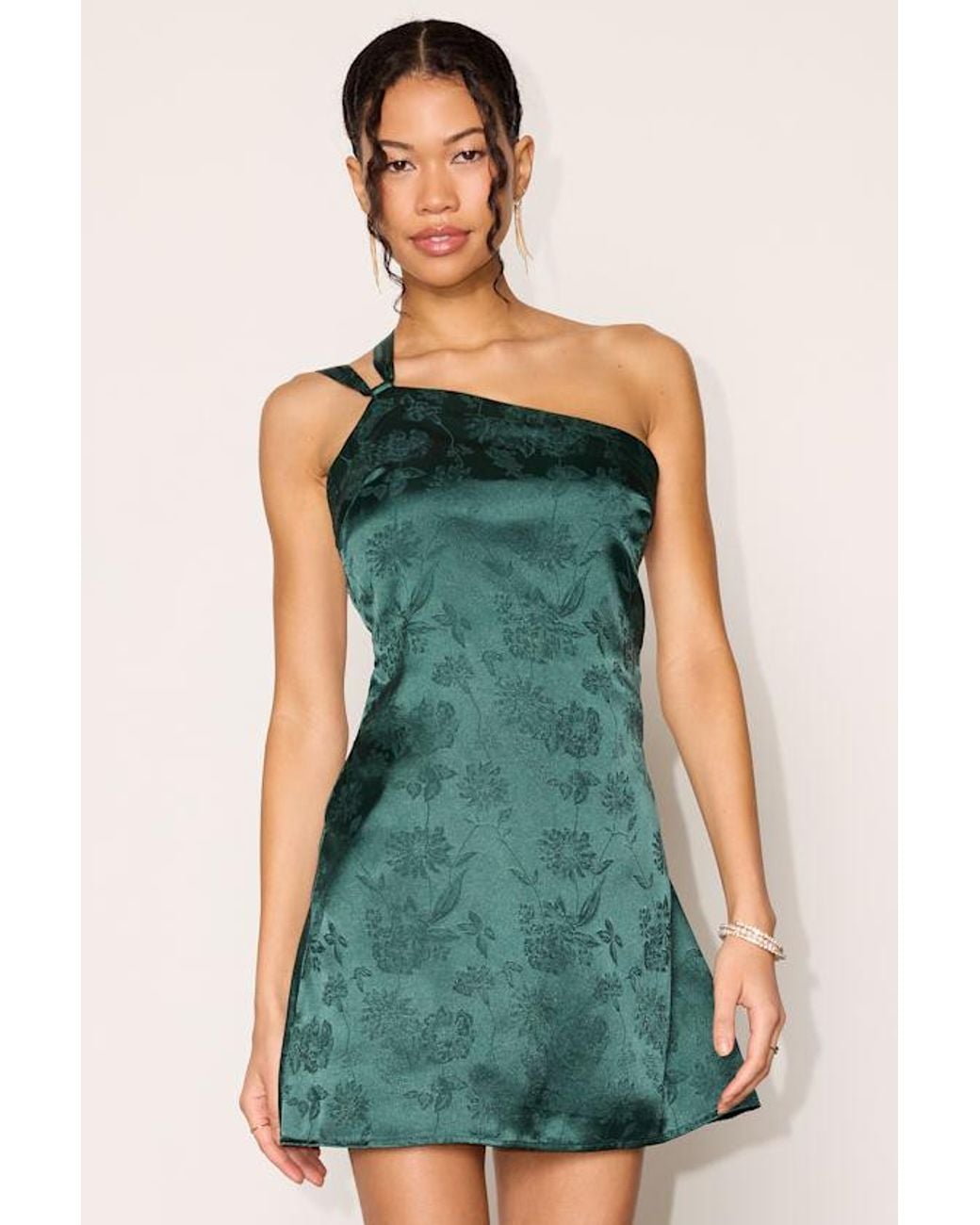 Lulus Green Yvonne Emerald Jacquard Satin One-Shoulder Mini Dress