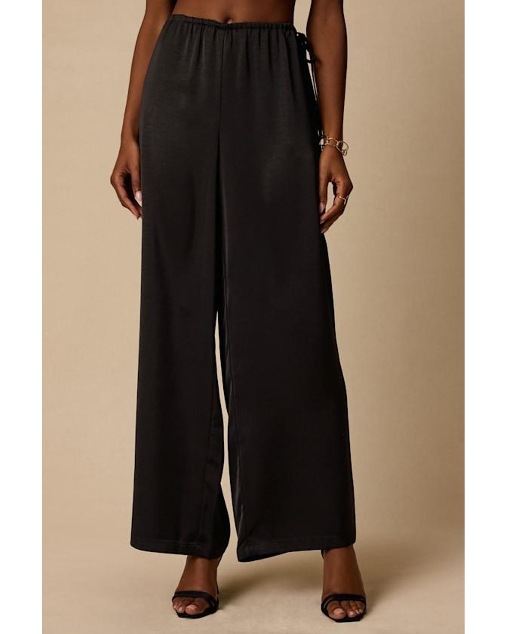 Lulus Natural Amala Satin Mid-Rise Wide-Leg Pants