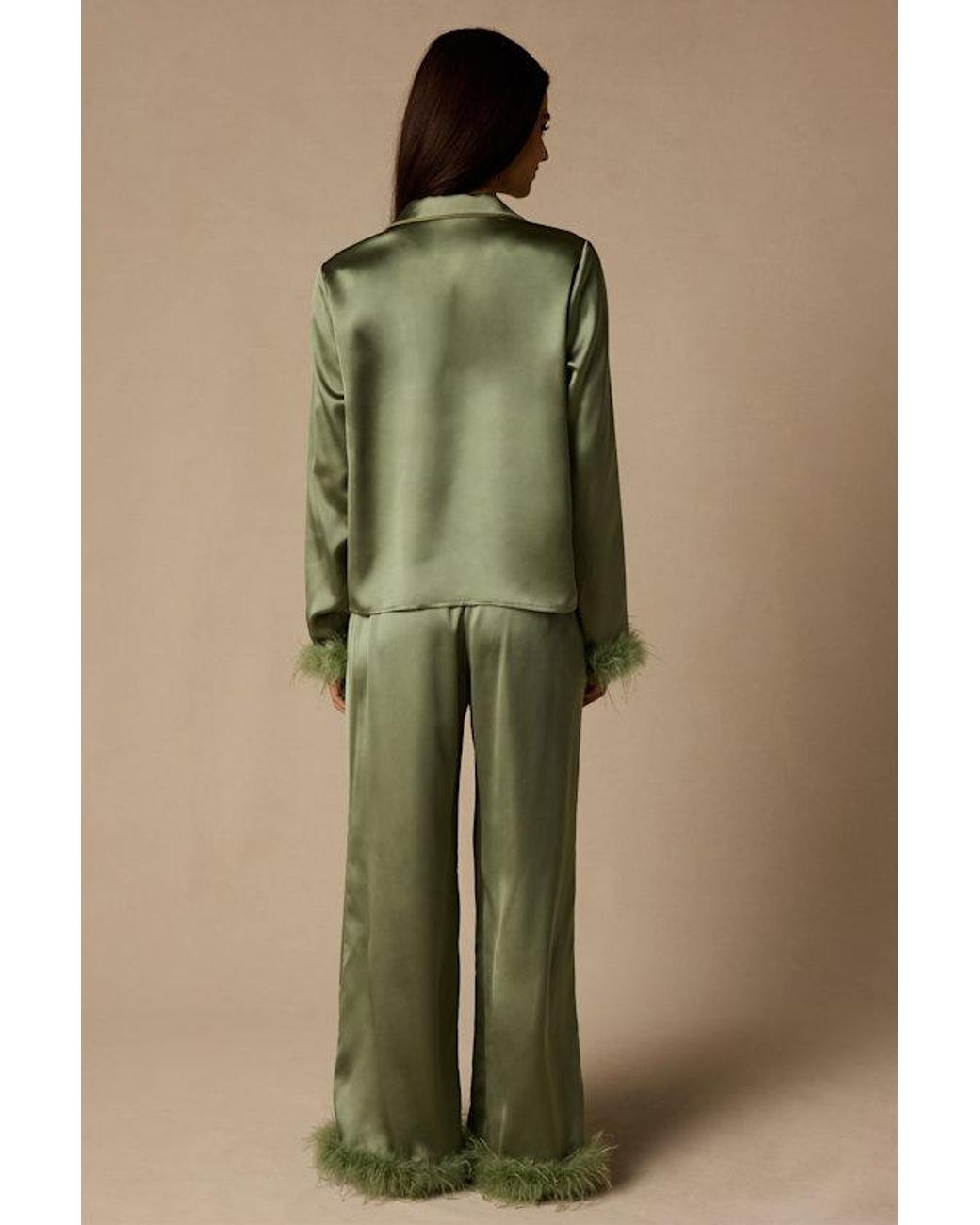 Lulus Green Dreamiest Delight Sage Satin Feather Two-Piece Pajama Set