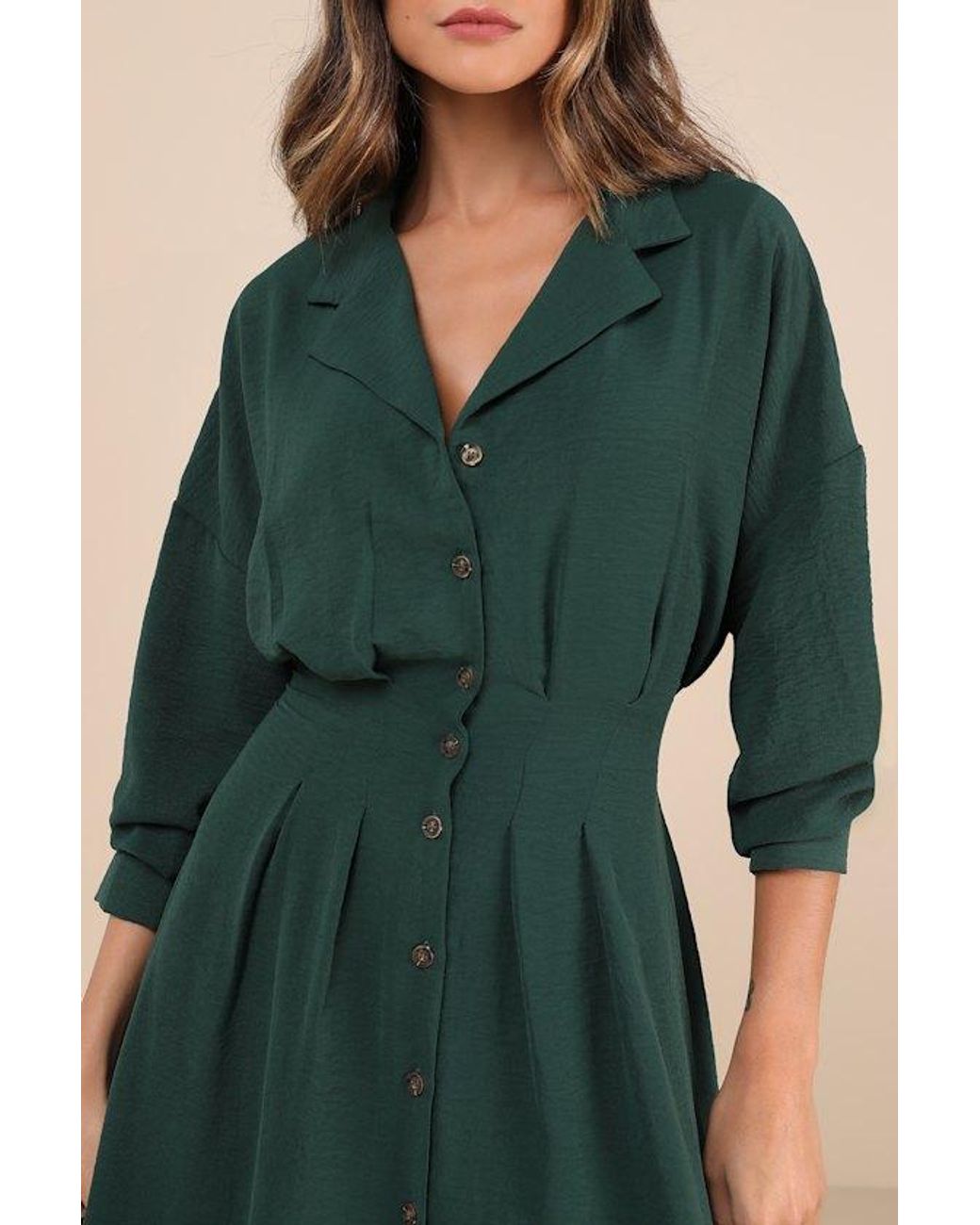 Lulus Green Timeless Class Collared Button-Up Pleated Midi Dress