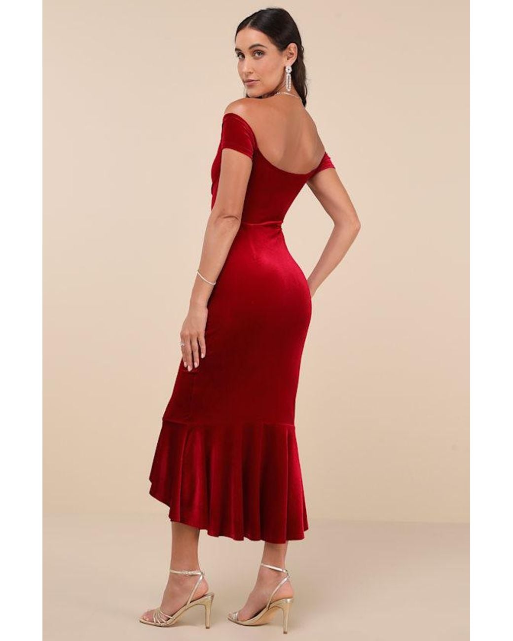 Lulus Red How Much I Care Velvet Off-The-Shoulder Midi Dress