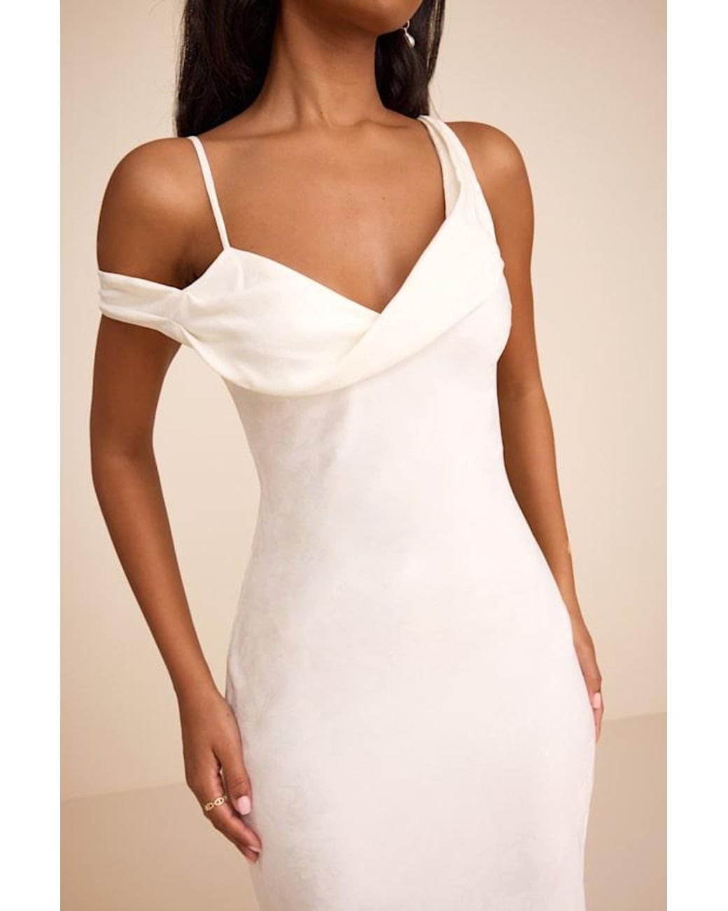 Lulus Natural Cavani Satin Asymmetrical Midi Dress