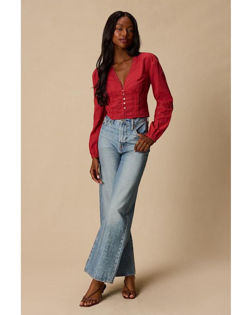 Lulus Red Keyra Button-Front Balloon Sleeve Crop Top