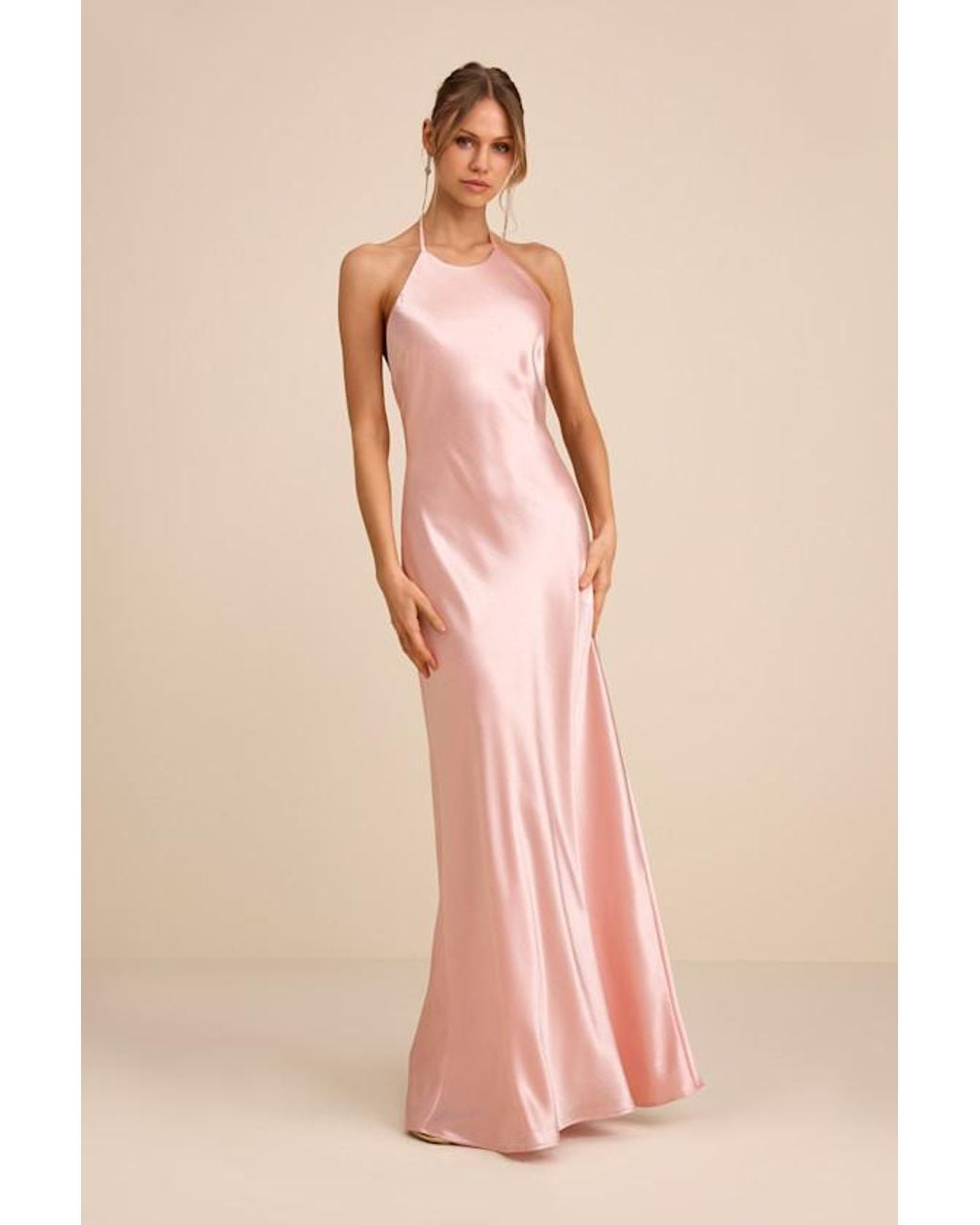 Lulus Pink Magnificence Satin Backless Halter Maxi Dress
