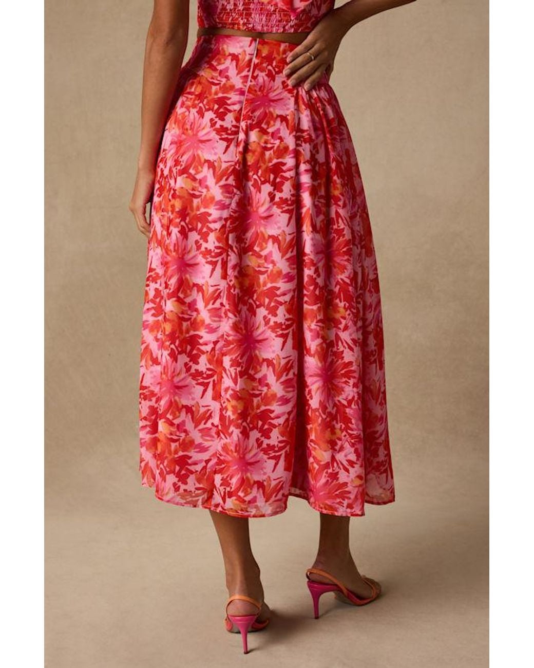 Lulus Red Nashira Multi Floral High-Rise Midi Skirt