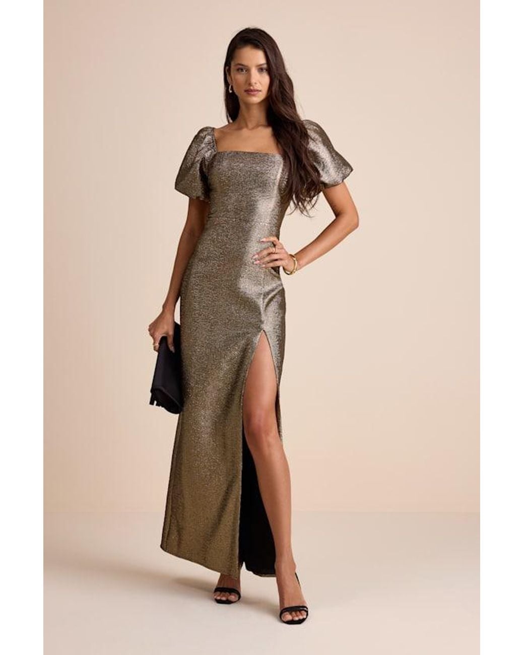Lulus Natural Celestina Bronze Lurex Puff Sleeve Mermaid Maxi Dress