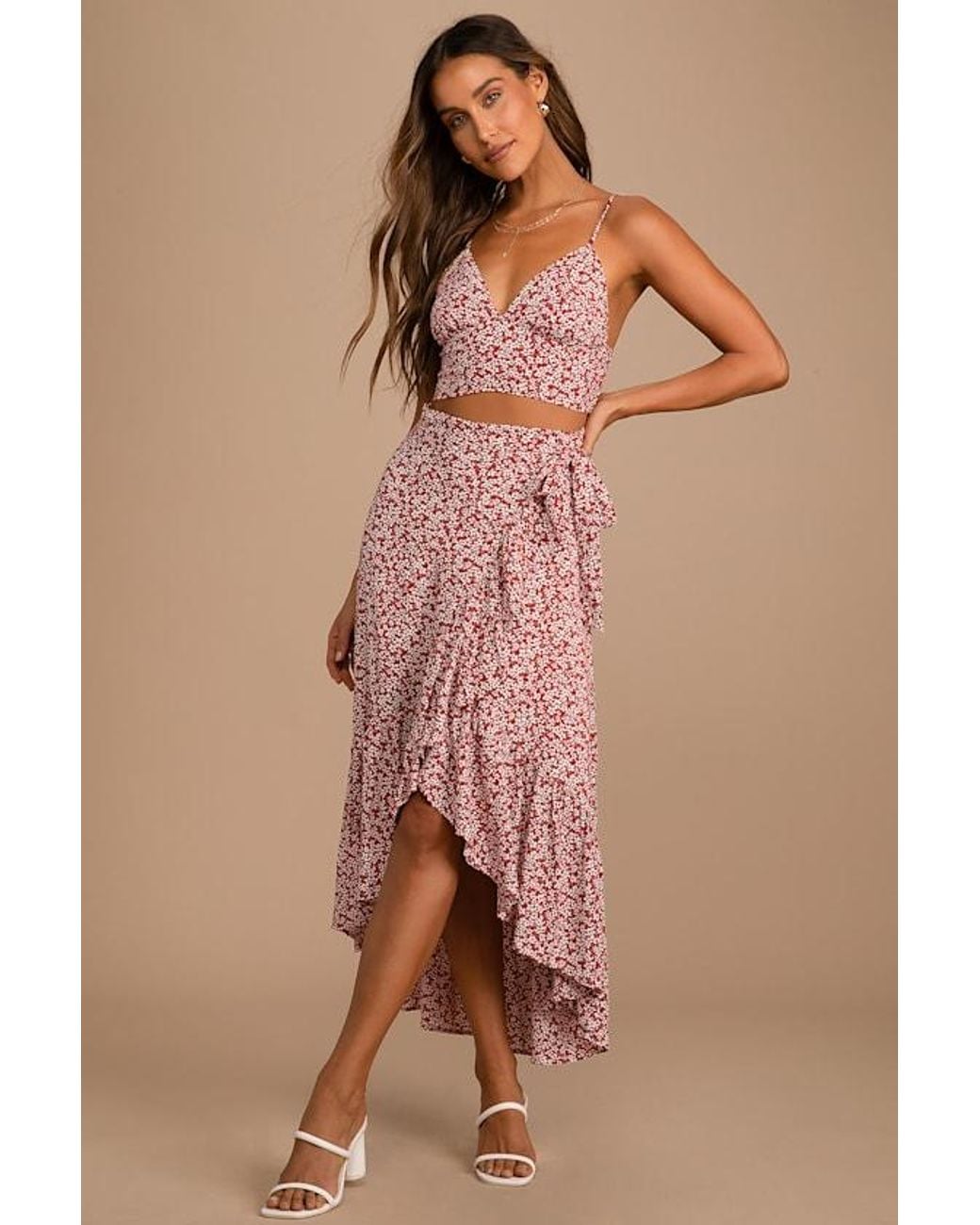 Lulus Brown Summer Romance Floral Print Two-Piece Midi Dress