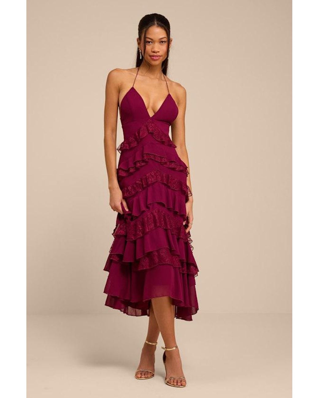 Lulus Red Melena Ruffled Lace Midi Dress