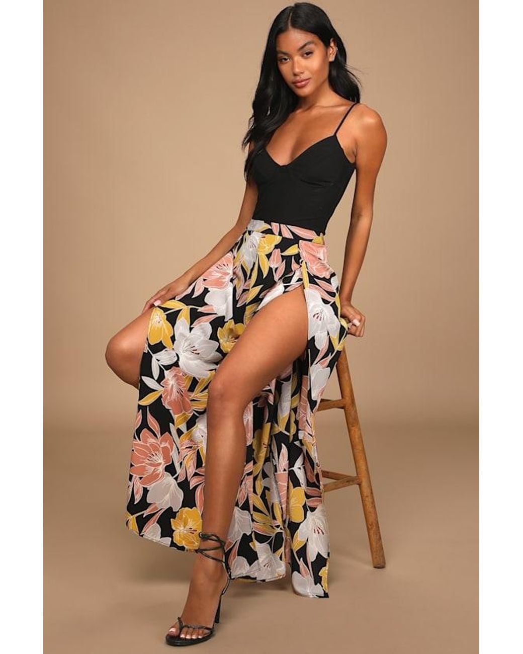 Lulus Natural Blissful Vacay Floral Print Side Slit Pants