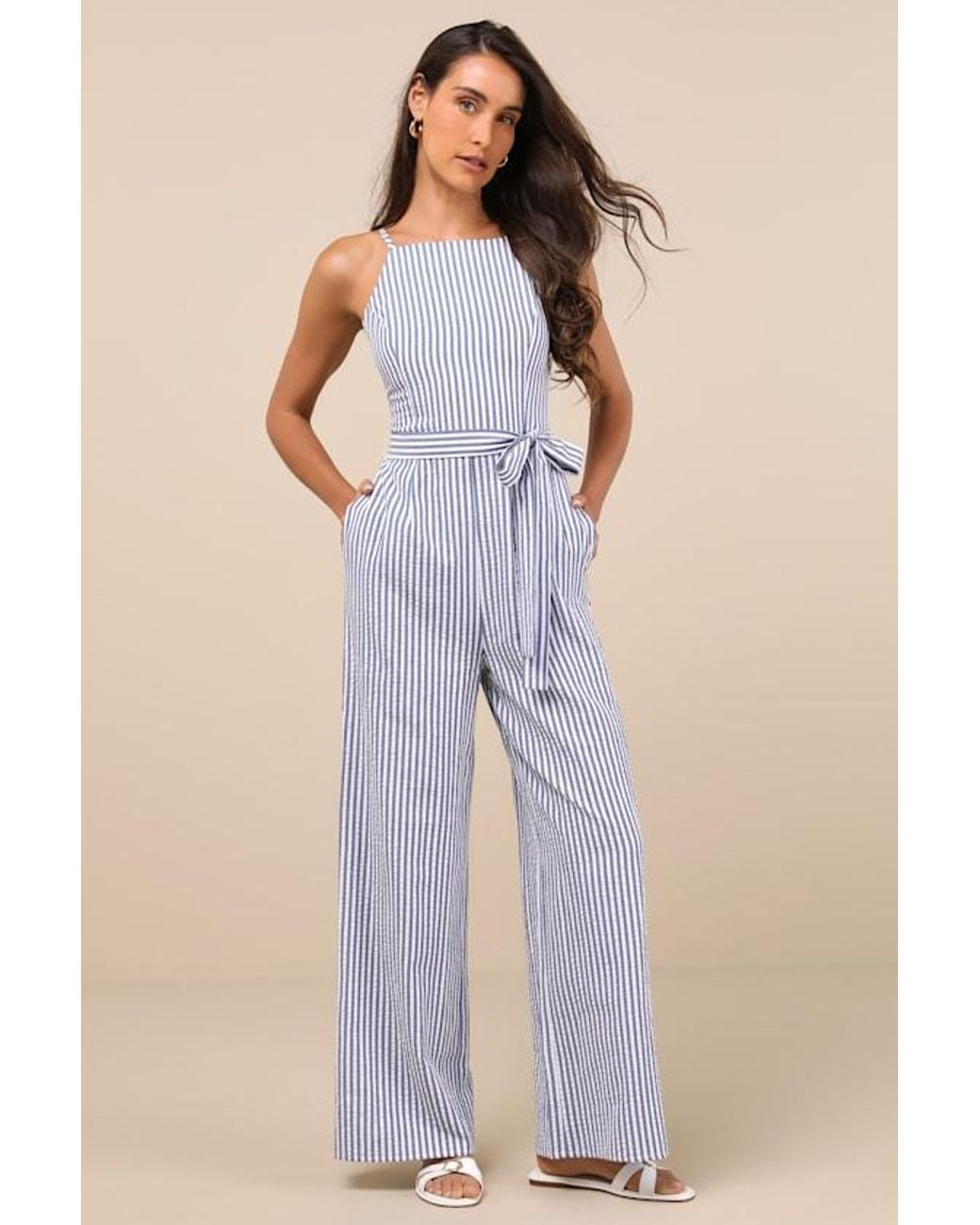 Lulus Blue Messina Striped Wide-Leg Jumpsuit