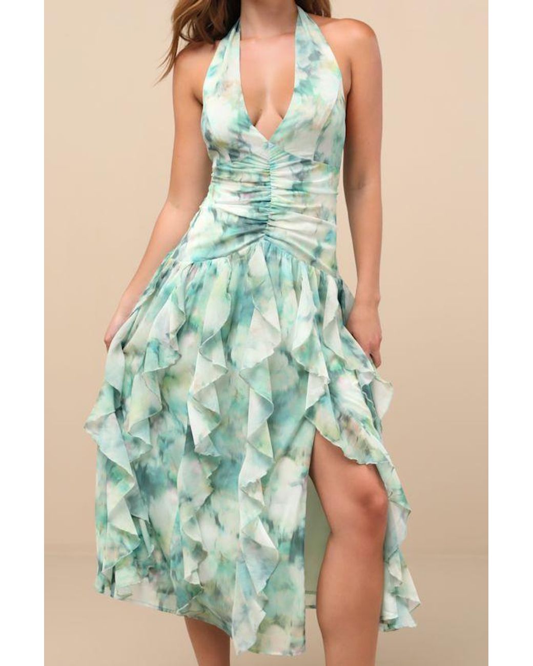 Lulus Green Febe Multi Abstract Halter Ruffled Midi Dress