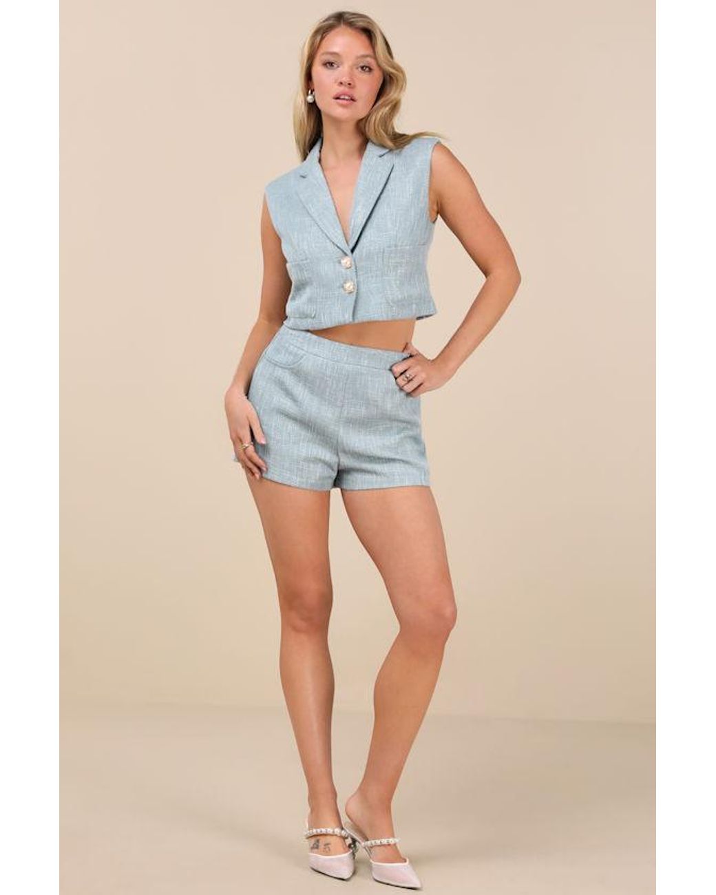 Lulus Blue Perfect Company Tweed High-Waisted Shorts