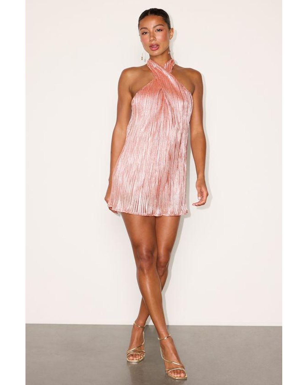 Lulus Pink Collins Lurex Plisse Halter Mini Dress
