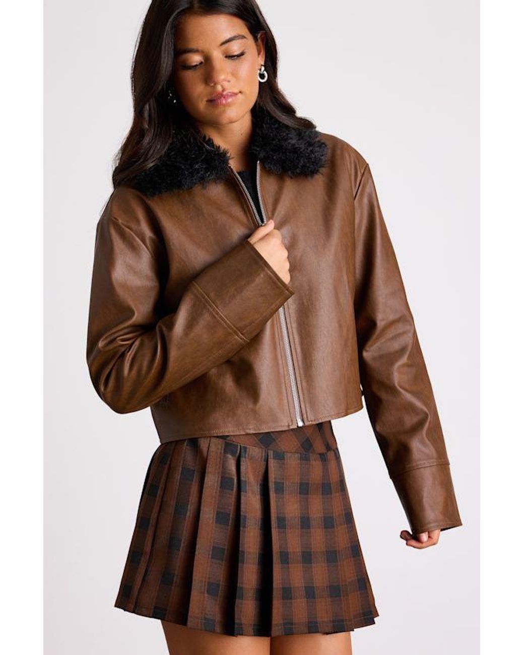 Lulus Brown Valencia Vegan Leather Faux Fur Jacket