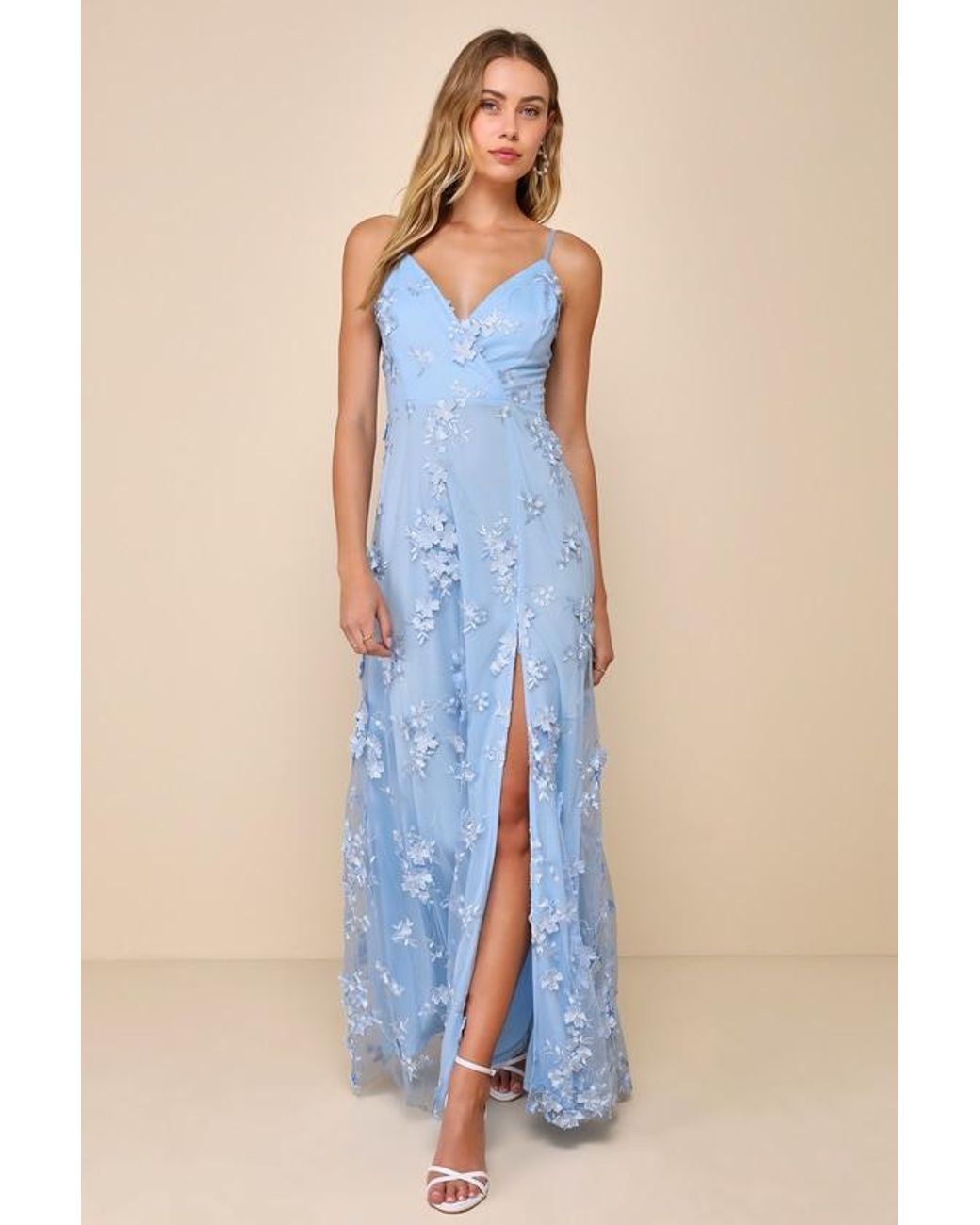 Lulus Blue Rare Presence 3D Floral Surplice Maxi Dress