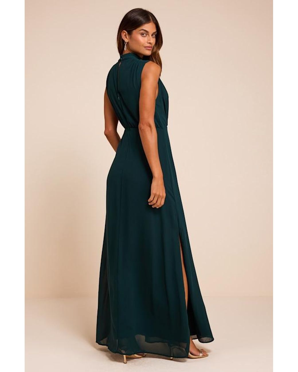 Lulus Blue Classic Elegance Emerald Chiffon Sleeveless Mock Neck Maxi Dress