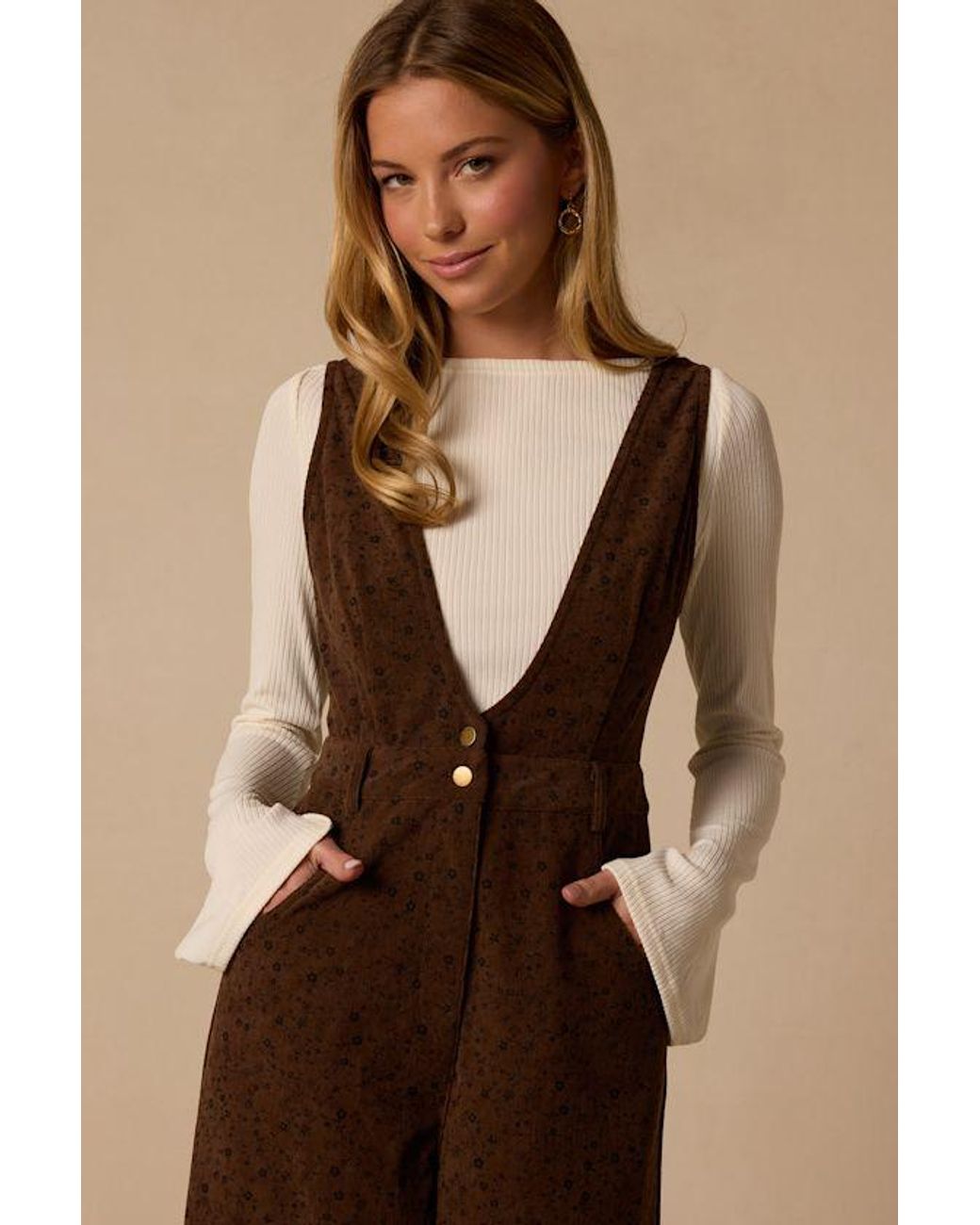 Lulus Natural West Village Floral Pinafore Jumpsuit
