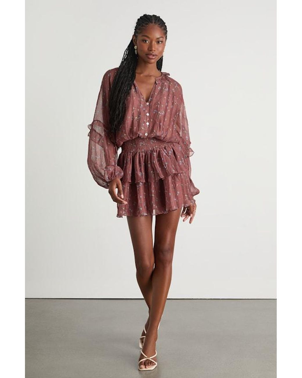 Lulus Red Christy Rust Floral Button-Front Long Sleeve Mini Dress