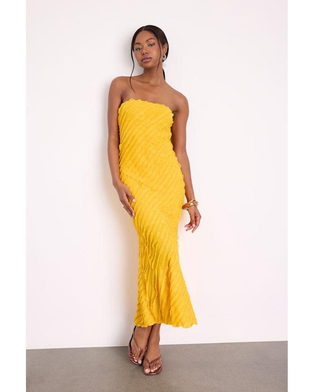 Lulus Yellow Faelyn Strapless Ruffled Midi Dress