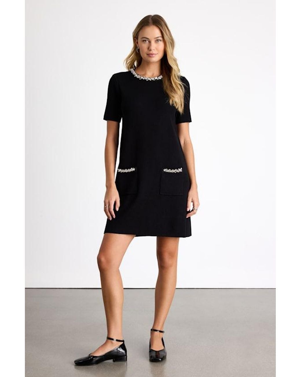 Lulus Black Hila Rhinestone Crew Neck Shift Sweater Dress