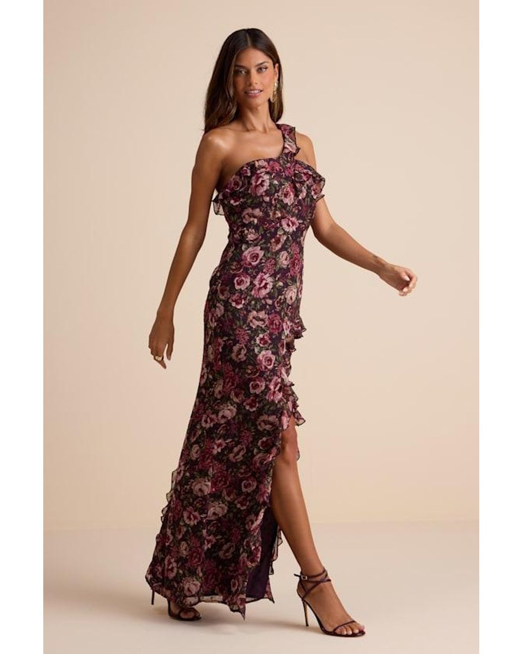 Lulus Natural Bonelle Plum Multi Floral Metallic Clip Dot Ruffled Maxi Dress