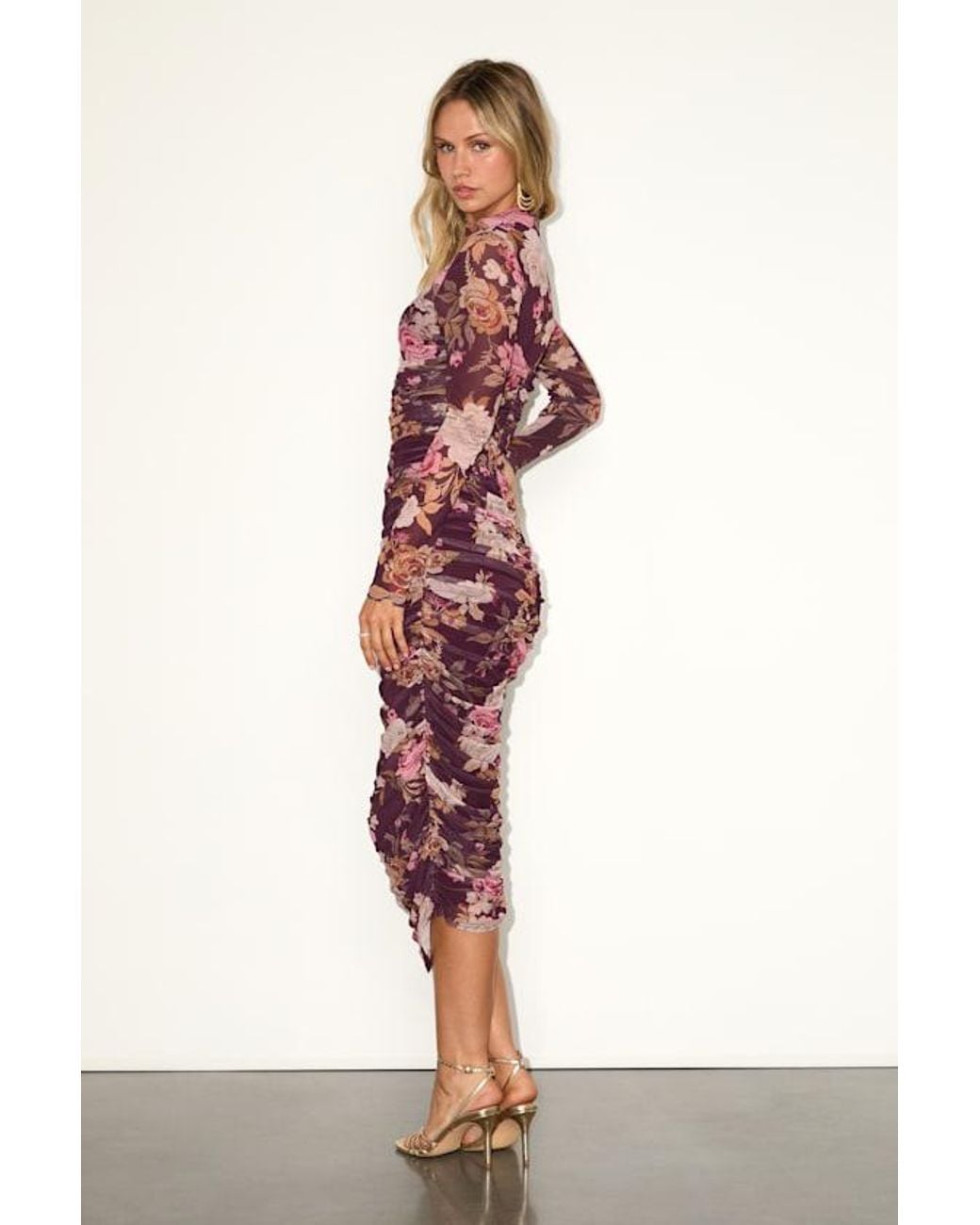 Lulus Red Impressive Flirt Plum Floral Mesh Ruched Mock Neck Midi Dress