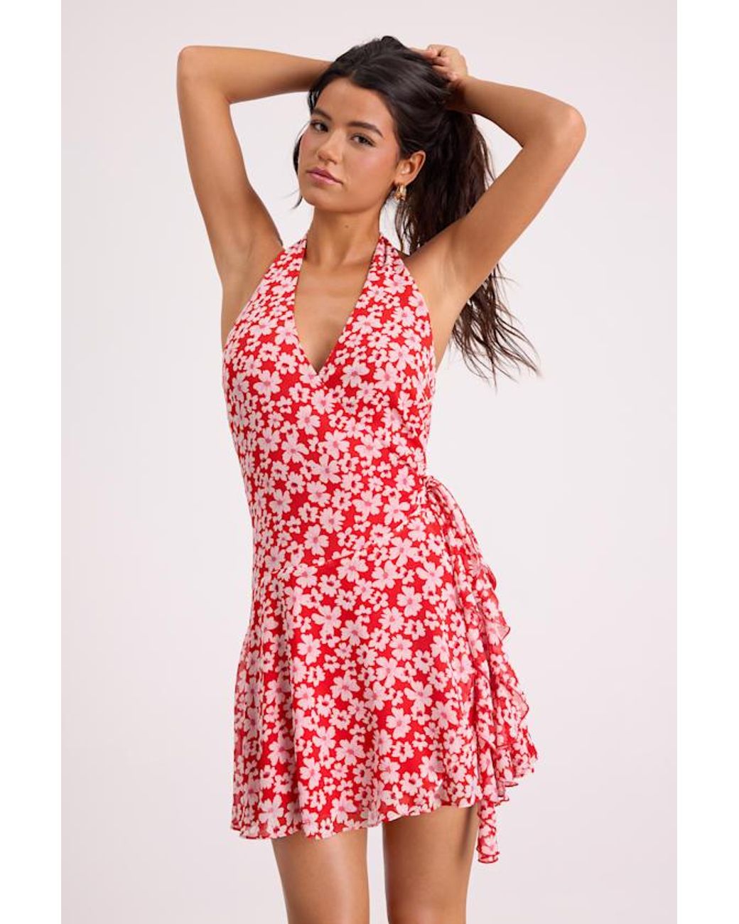 Lulus Red Chenaya Floral Halter Wrap Mini Dress