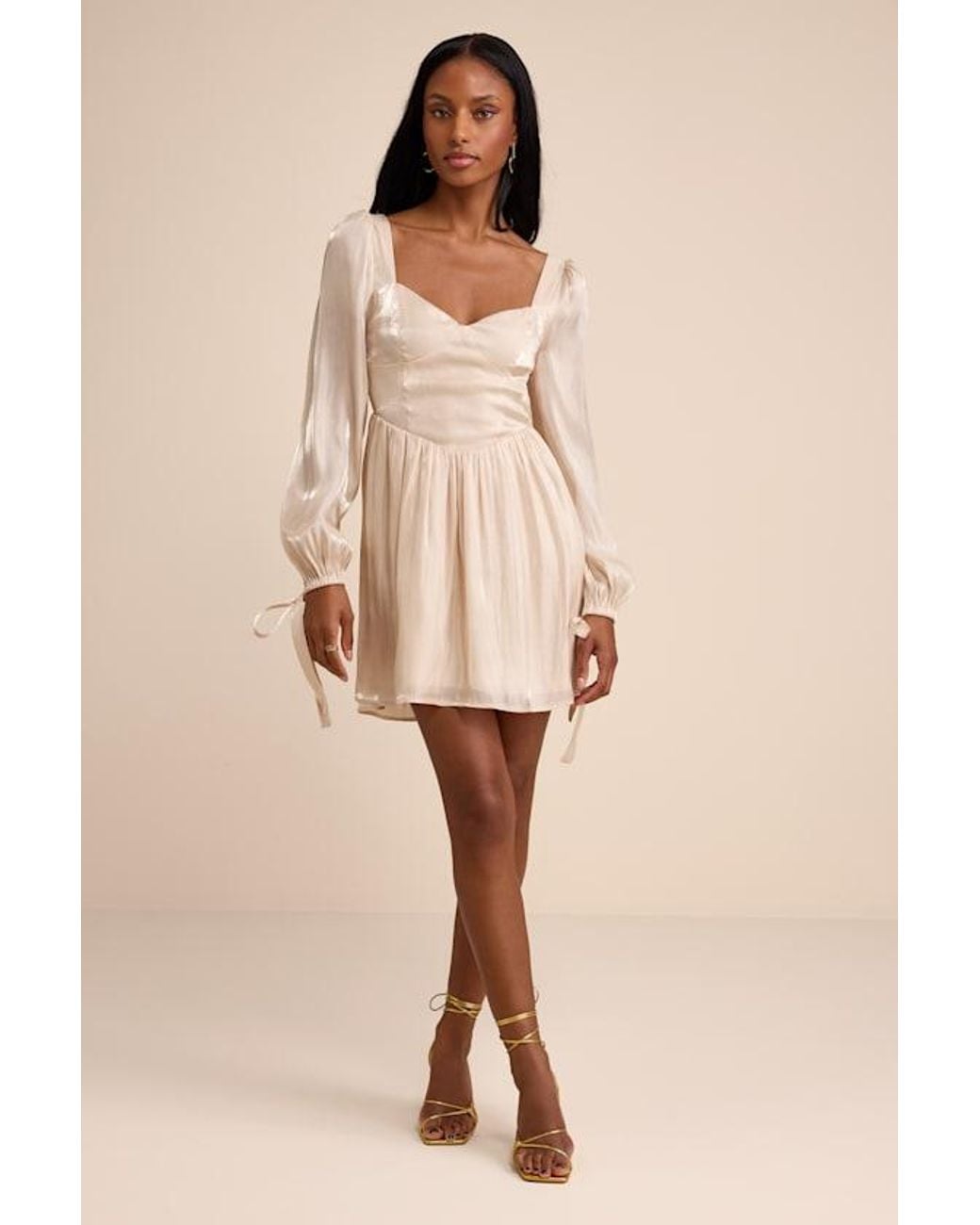 Lulus Natural Lirenda Shiny Balloon Sleeve Tie-Back Mini Dress
