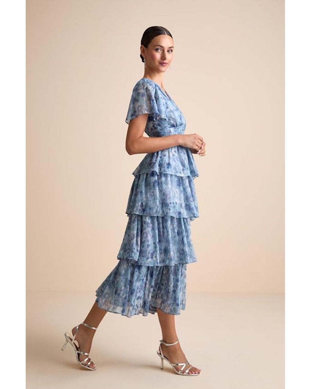 Lulus Blue Nalia Abstract Print Tiered Tie-Back Midi Dress